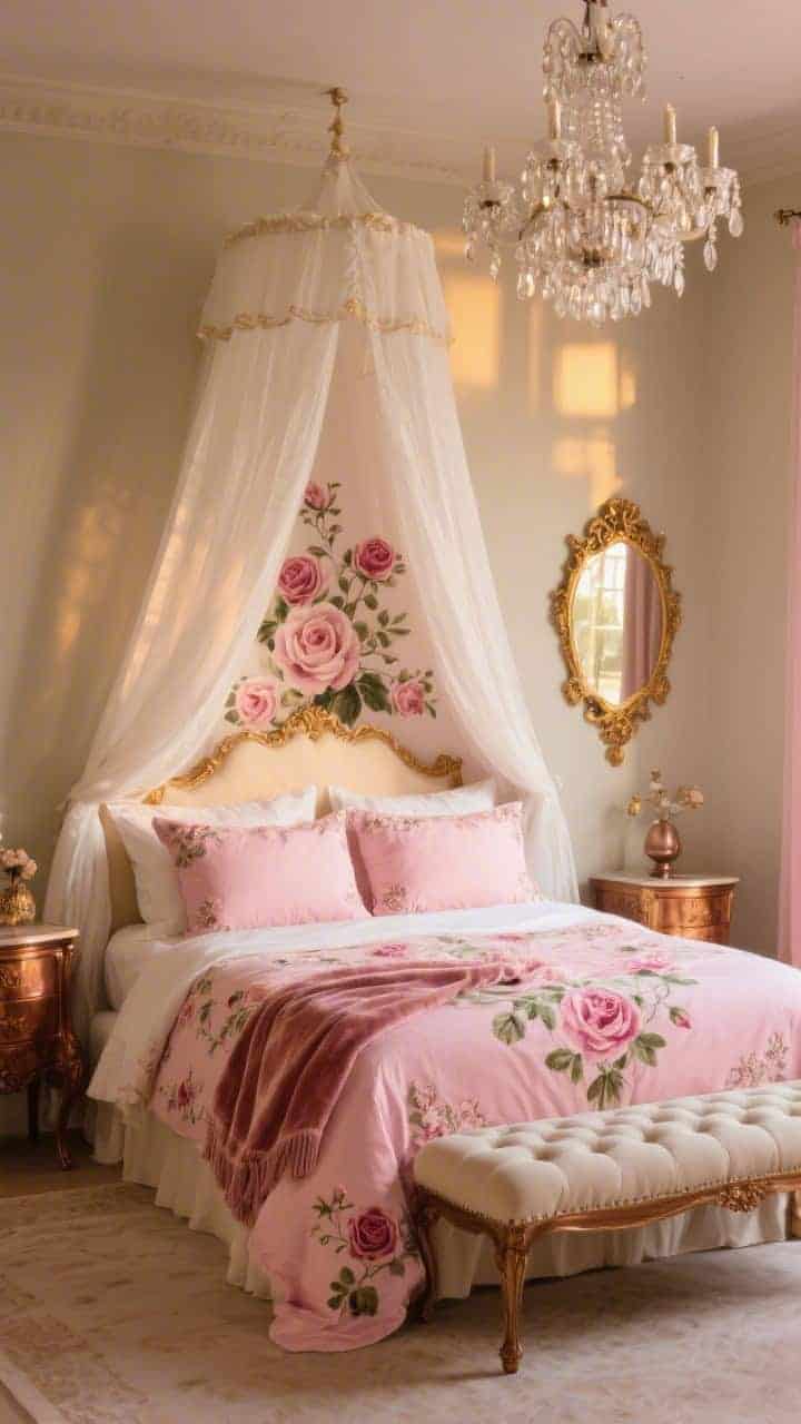 Romantic wide shot with canopy: pink floral duvet with painterly roses under a white voile canopy draped overhead, creating a sanctuary feel. Embroidered shams, blush velvet throw, antique-style warm bronze side tables. Gilded mirror on the wall and a crystal chandelier sparkling above. Tufted bench at the foot of the bed. Colors: petal pink, antique gold, cream, warm bronze. Soft golden evening light for old-world drama; photorealistic.