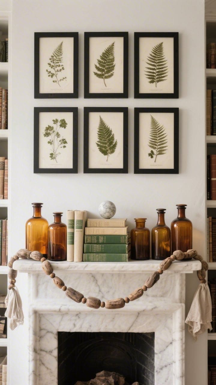 Straight-on medium shot of a botanical library mantle: symmetrical arrangement of pressed fern art in simple black frames; a row of amber apothecary bottles catching light; a weathered wood bead garland draped loosely; linen-bound books in moss and cream tones stacked with a small marble sphere atop; academic, earthy elegance under gentle daylight; photorealistic.
