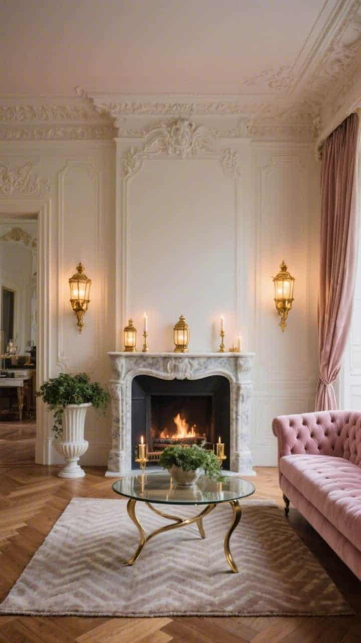 Straight-on medium shot of a Parisian-style marble fireplace with cream walls, ornate crown molding, and tufted blush velvet sofa partially in frame; antiqued-gold lantern sconces mounted on either side of the fireplace glowing warmly; mantel styled with petite brass lanterns and tapered candles; herringbone parquet rug, glass coffee table with curved legs, silk drapes, and a fluted pedestal with greenery; elegant old-world charm, soft ambient evening light, photorealistic.