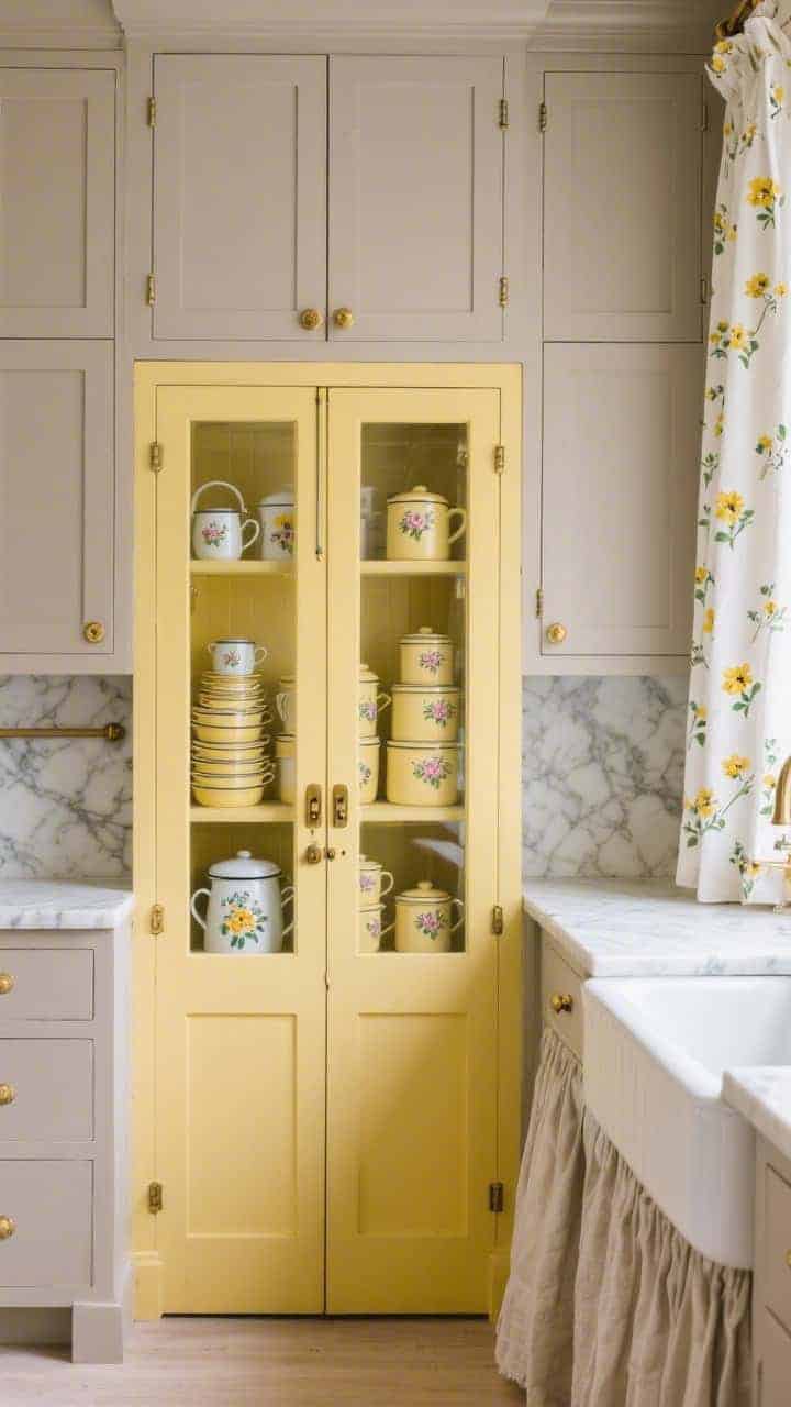 Straight-on medium shot of a primrose-yellow pantry behind glass-front doors with brass latches, showcasing neatly stacked enamelware and floral tins. Surrounding pale taupe perimeter cabinets with marble counters and a skirted farmhouse sink nearby. A floral café curtain with tiny primroses on crisp cotton steals focus. Palette of primrose, taupe, white marble, brass; vintage-y yet polished; photorealistic.
