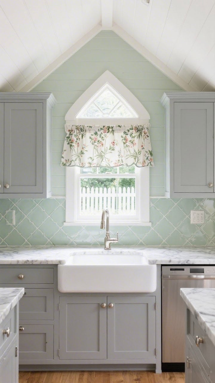 Upward-angled medium-wide shot in an A-frame kitchen: soft sage and ivory trellis-patterned tile backsplash evoking a garden fence, with pearled gray cabinets. An apron-front sink, polished nickel bridge faucet, and polished marble counters glint. At the peak window, a tailored floral valance. Light-filled, gracefully tailored mood; photorealistic.