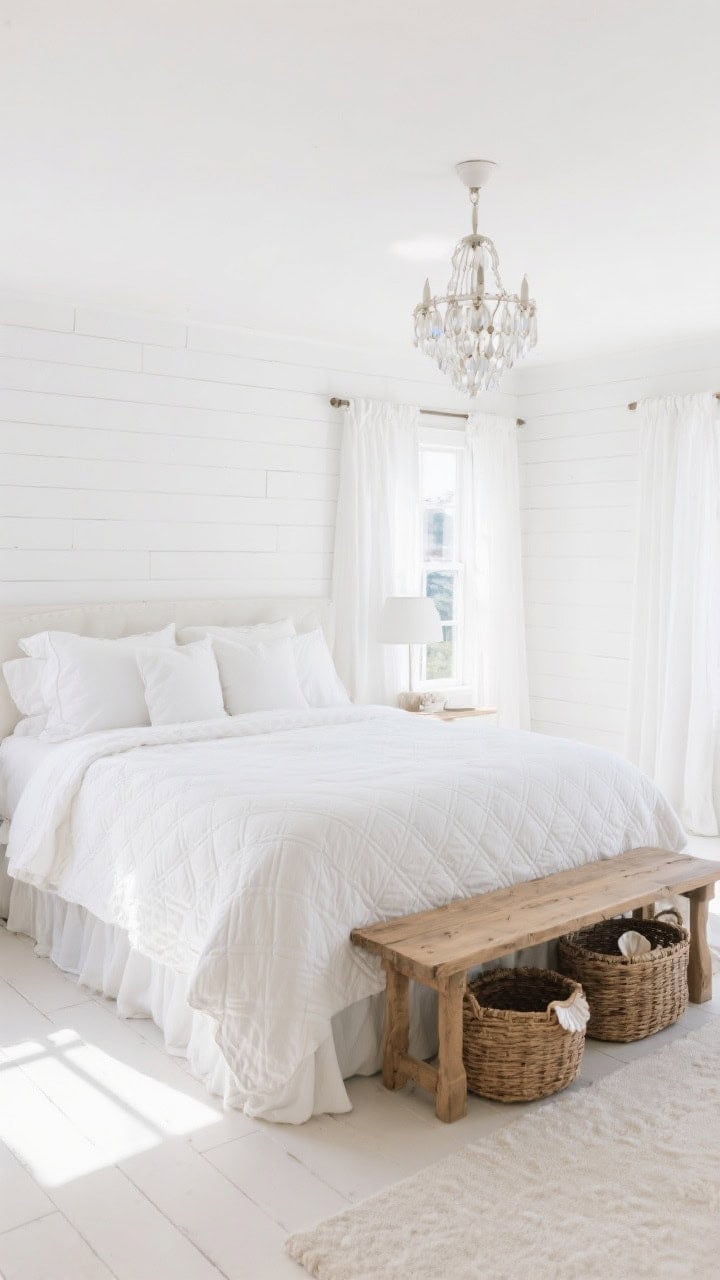 Wide, airy white-on-white cottage bedroom: pure white shiplap walls, white quilted bedding, white curtains billowing; natural wood bench at foot of bed; basket storage under bench; delicate capiz shell chandelier shimmering; bright, even daylight with gentle coastal freshness.