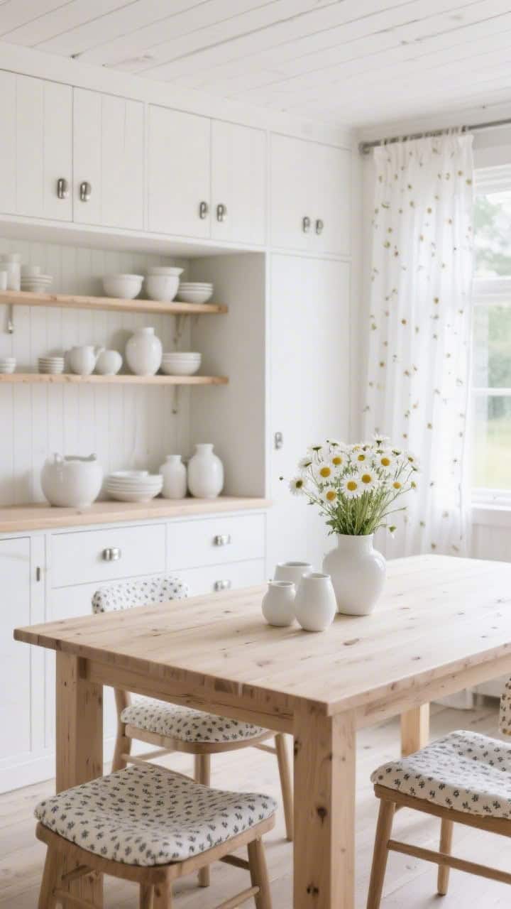 Wide, bright Scandi cottage shot: white oak slab-front cabinets, airy open shelves, and a bleached pine table. Minimal brushed nickel hardware, a cluster of white ceramics, and a vase of wild daisies. Ditsy-patterned seat pads and a breezy voile curtain sprinkled with tiny buds add the floral whisper. Nordic meadow clarity; clean daylight; photorealistic.