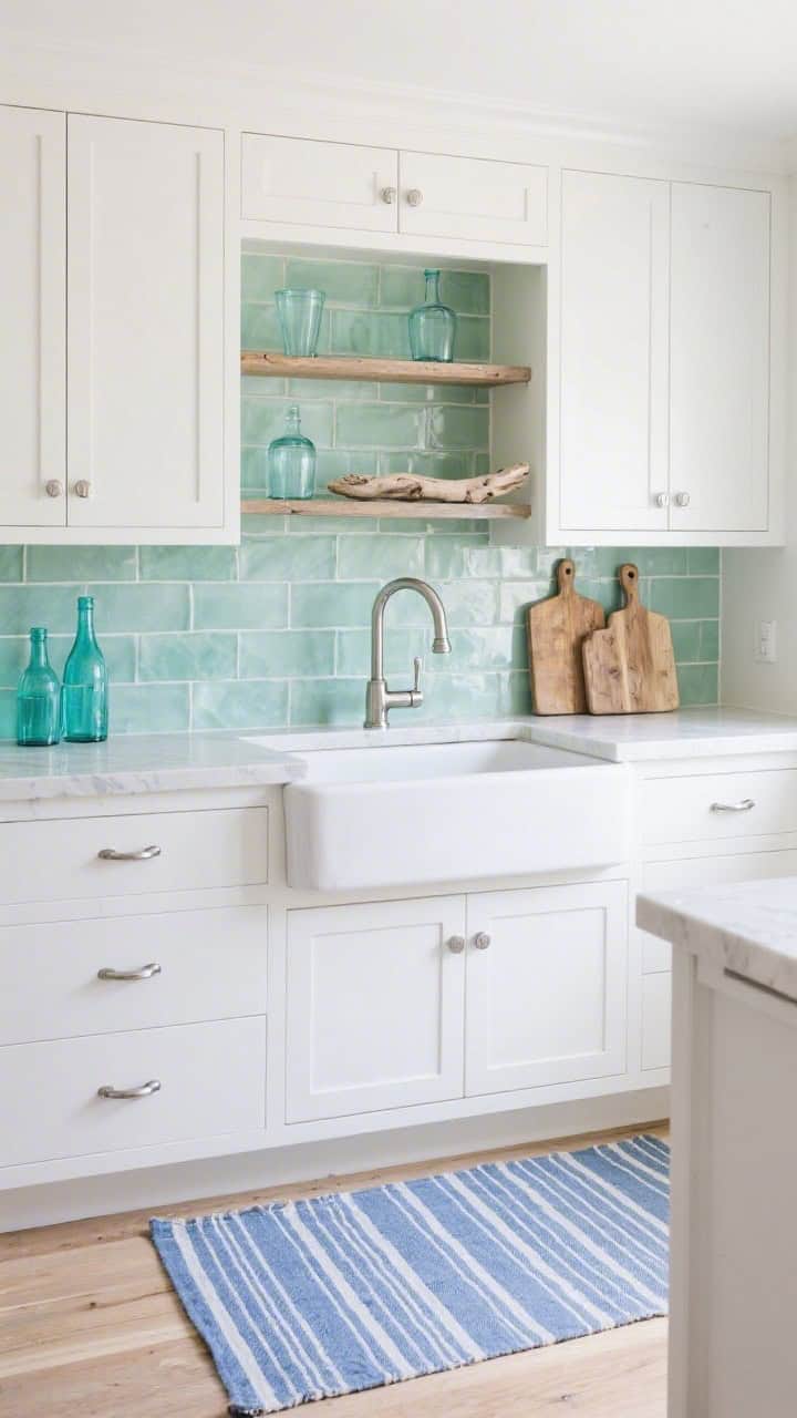 Wide coastal kitchen shot with cloud-white cabinets, sea-glass green backsplash tiles, and subtle nickel hardware. A polished nickel bridge faucet over a white fireclay sink gleams softly. Open shelves feature clear and aqua glass bottles and driftwood cutting boards. A striped blue runner stretches along the floor. Bright, breezy seaside mood with cool daylight.