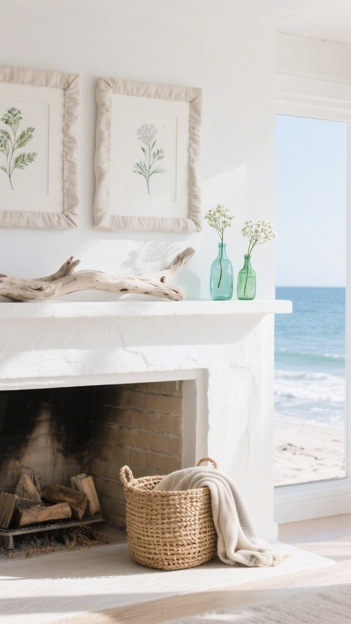 Wide coastal scene: bright white mantle with linen-wrapped frames showcasing botanical sketches; pale aqua and foam green sea glass bottles each holding a single stem of baby’s breath; bleached driftwood piece centered; woven seagrass basket by the fireplace holding throws; sunlit, breezy atmosphere evoking ocean air; photorealistic.