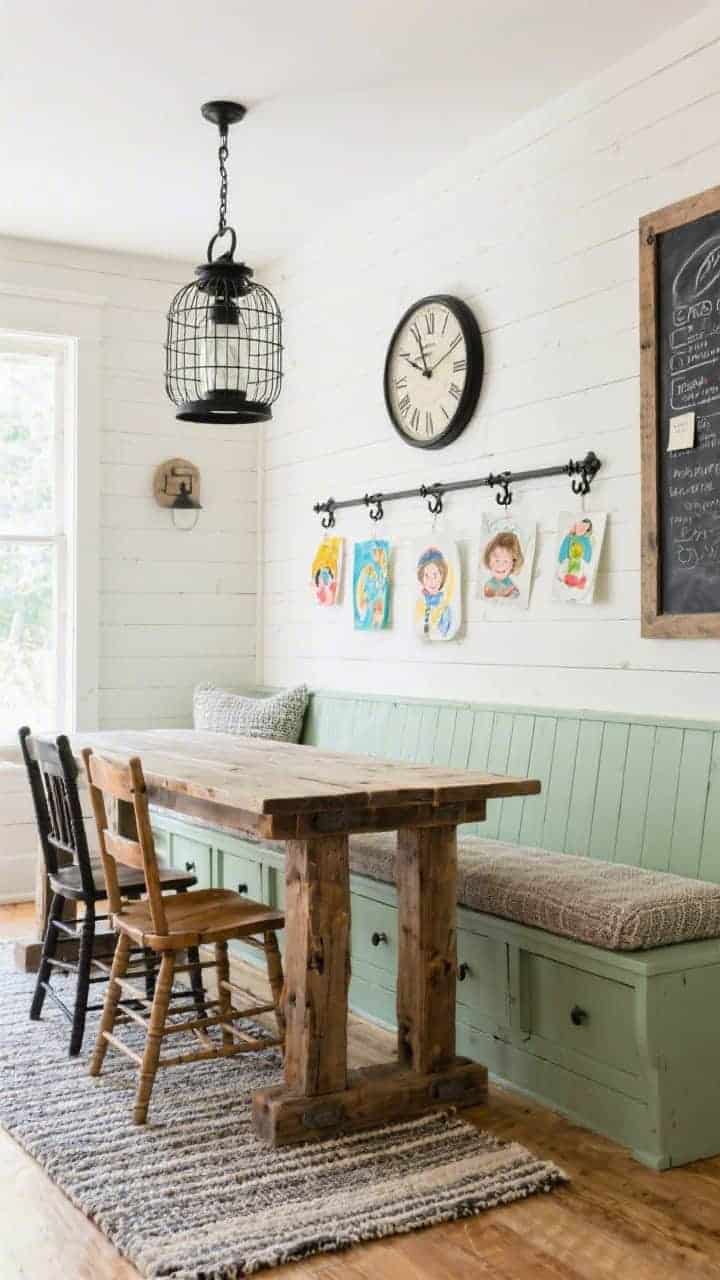Wide family-friendly farmhouse scene: a shiplap-backed banquette painted sage with flip-top storage, topped with a wipeable performance tweed cushion. A chunky farmhouse trestle table and mismatched ladder-back chairs. Overhead, a black cage lantern. Add a wire rail displaying kids’ art, a big wall clock, black iron pulls/hooks, and a durable runner rug. Include a chalkboard wall for menus and notes. Palette: sage, cream, black accents, natural wood. Bright, practical, inviting.