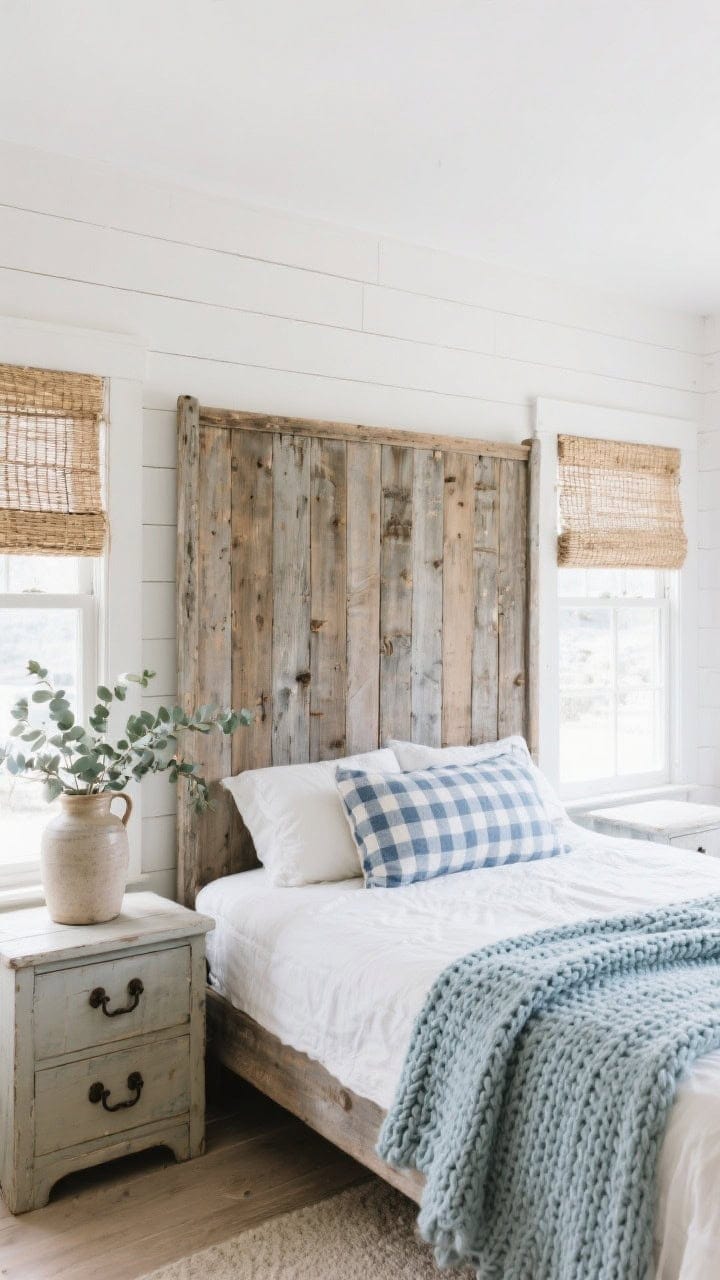 Wide farmhouse view with white shiplap walls and a weathered wood bed with a tall headboard; woven shades filtering light; a chunky knit throw in pale blue across the bed; nightstands with iron pulls; a gingham/check pillow in soft navy; a ceramic jug vase of eucalyptus adding a rustic coastal note.