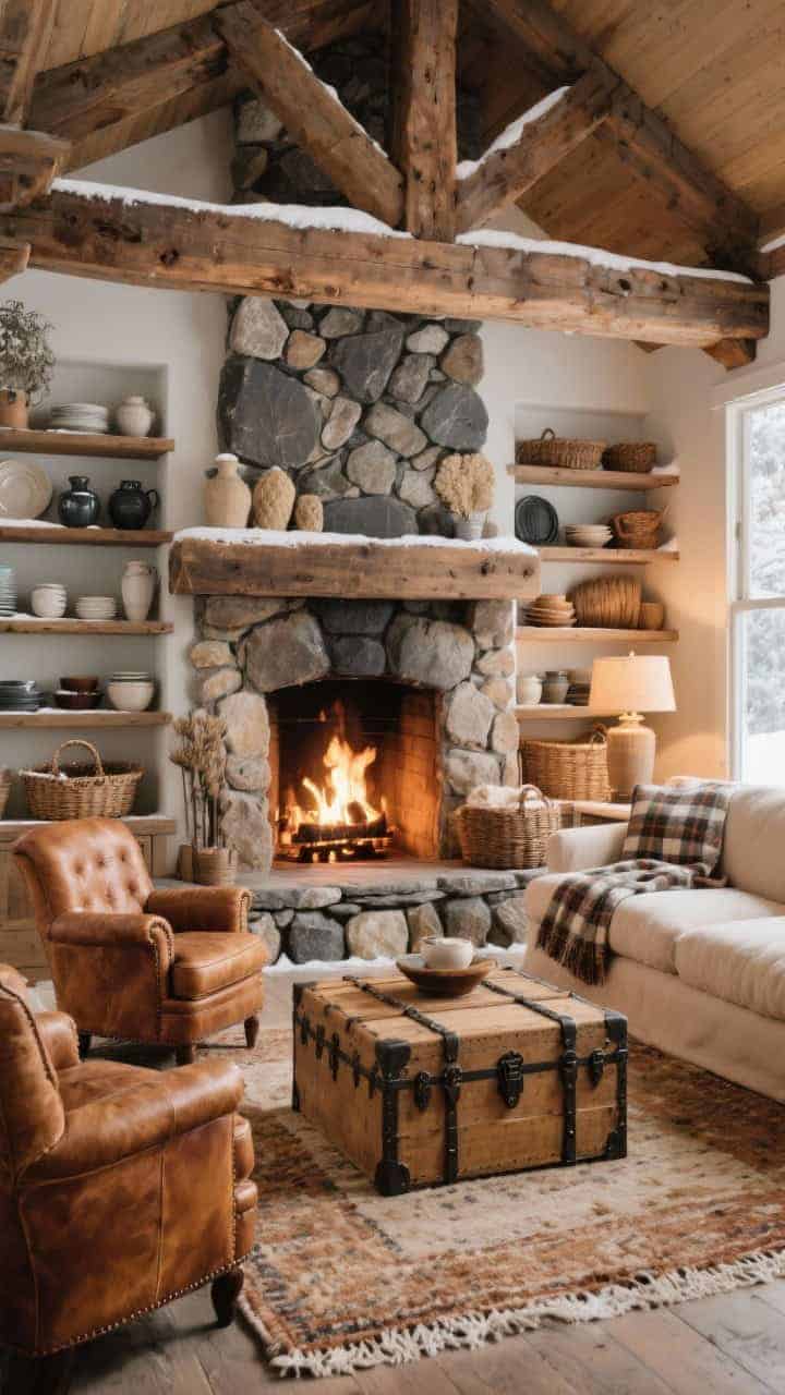 Wide fireplace-focused shot: A cozy hearth scene with a river stone fireplace and chunky reclaimed beam mantel, flanked by open shelves filled with crockery and old baskets. Seating mix of worn caramel leather club chairs and a cloudlike beige sectional draped with plaid throws. Oversized trunk with iron straps as the coffee table on a handknotted rug in warm neutrals. Palette of toffee, oatmeal, charcoal, and wheat. Firelight glow plus ambient warm lamplight for a snug snow-day mood, photorealistic.