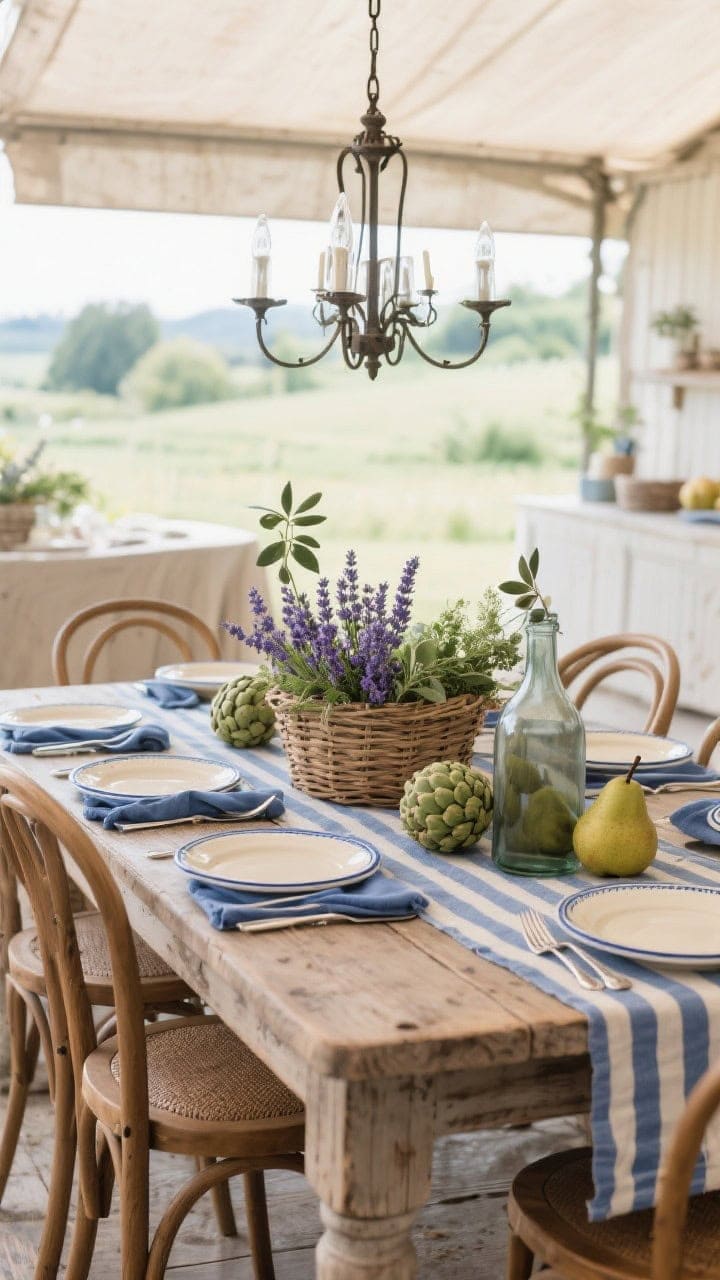 Wide French market scene: washed oak farm table with a blue-and-cream ticking stripe runner; woven basket overflowing with lavender and greenery, a few artichokes and pears tucked in; cream plates with faint blue rim, vintage silverware, blue linen napkins; café-style bentwood chairs; demijohn bottle with a single olive branch; wrought iron chandelier above; soft countryside daylight.
