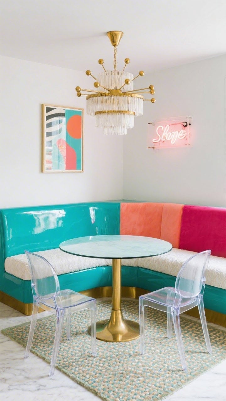 Wide glam shot with color-block energy: a glossy teal lacquered banquette base with an ivory performance-fabric seat cushion; back cushions color-blocked in teal, coral, and raspberry. A round glass table on a gold pedestal and two lucite chairs that visually disappear. A statement chandelier (tiered fringe or brass sputnik) overhead, graphic art or a small neon sign on the wall, and a micro-patterned indoor-outdoor rug. Palette: teal, coral, raspberry, gold. High-gloss, playful, retro glam.