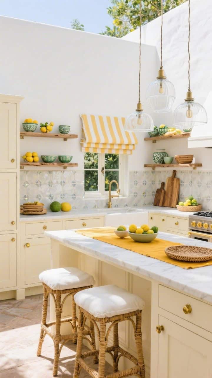 Wide kitchen angle: Citrus courtyard kitchen with buttercream cabinetry, brass cup pulls, and open shelving styled with bowls of lemons, lime-glazed ceramics, and a striped awning fabric at the window; milky white, watery-sheen zellige tile backsplash; rattan counter stools with white cushions; sunny ochre runner; clear glass pendant trio; olive-wood boards and woven trays adding warmth; bright summer daylight.