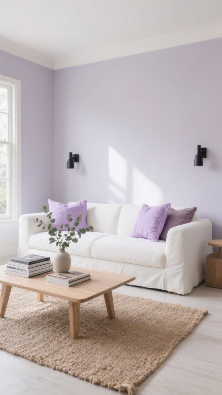 Wide living room shot, airy daylight: a creamy white sofa with lavender linen throw pillows in pale lilac, muted mauve, and heather tones; light oak coffee table styled with stacked coffee table books and a eucalyptus vase; jute rug underfoot; walls painted a barely-there lavender-gray; matte black sconces flanking the scene; calm, refined spring mood, photorealistic, soft natural lighting.