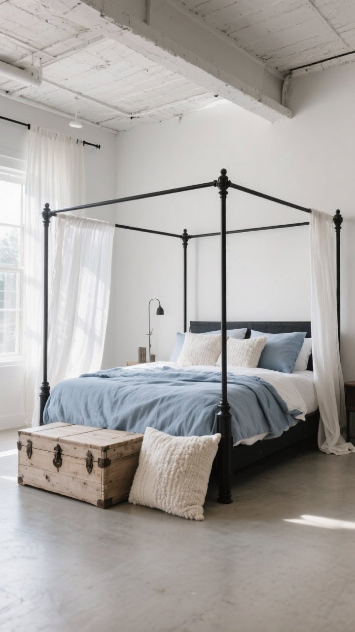 Wide loft-style shot: blackened metal canopy bed with stonewashed linen bedding in soft blue-gray; sheer white curtains floating and catching light; a bleached wood trunk at the foot; nubby ivory textural pillows; open, airy feel with high ceilings and gentle cross-lighting.