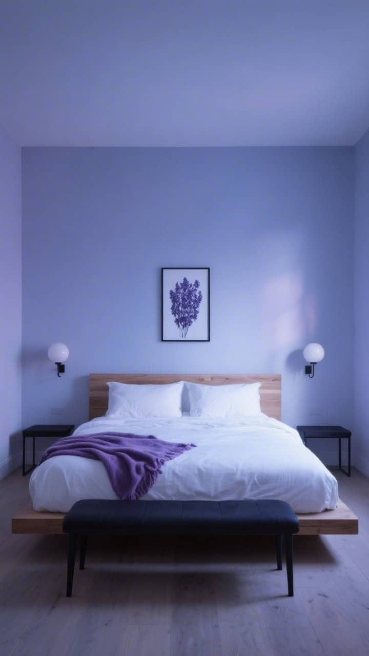 Wide minimalist bedroom, twilight calm: soft blue-lavender painted walls; low-profile ash wood platform bed with white percale sheets and a neatly folded lavender cashmere throw; two globe sconces symmetrically placed; slim black bench at the foot of the bed; a monochrome lavender print centered above the headboard; uncluttered floor, diffused evening light.