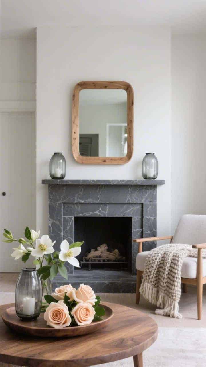 Wide modern organic composition: slate-painted mantle; low oak tray holding pale apricot roses and white hellebores; two smoked glass hurricanes flanking; above, a simple natural wood-framed mirror; nearby chair draped with a woven wool throw; balanced mix of sleek and soft, serene natural light; photorealistic.