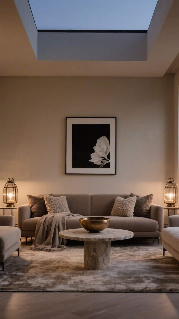 Wide quiet-luxury lounge at dusk: mushroom-beige walls, low taupe sectional, travertine pedestal table; paired smoked bronze lanterns with dimmable LEDs on either end of the sofa creating moody, soft-edged light; cashmere throw, boucle pillows, wool-silk rug with subtle sheen; restrained decor with one oversized black-and-ivory photograph and a sculptural bronze bowl centered; low-contrast layered neutrals, whisper-quiet glow, photorealistic.