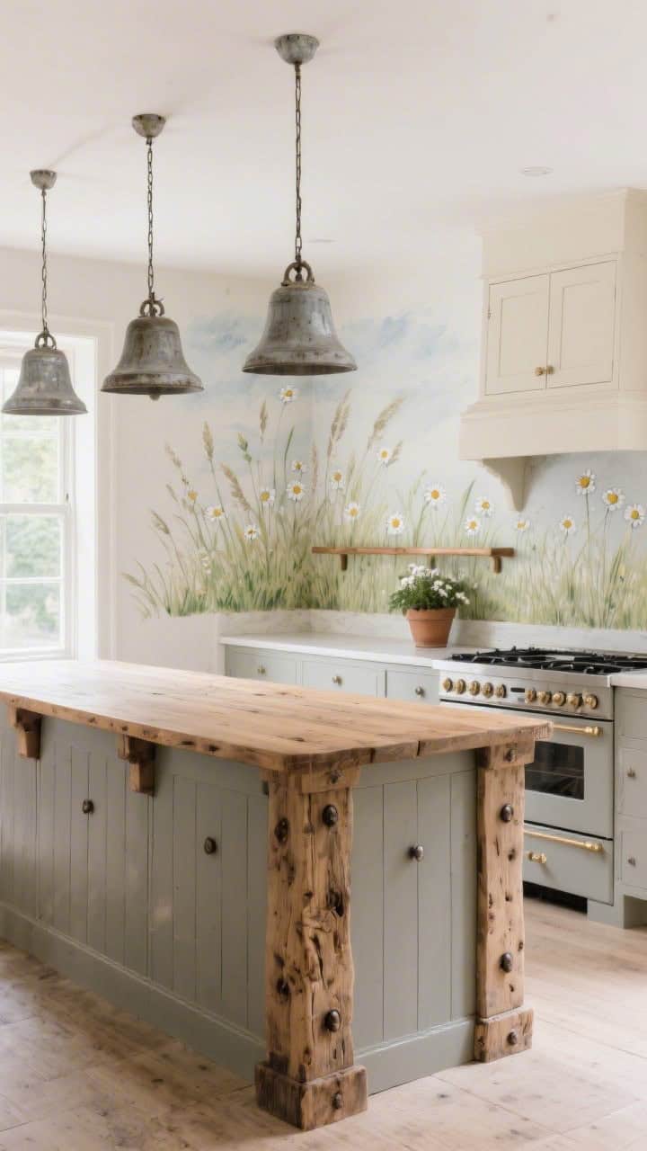 Wide room shot from a corner angle: a chunky reclaimed elm island with pegged joinery, softened corners, and oiled finish glowing against soft greige cabinets. On the stove wall, a watercolor meadow mural of grasses and tiny daisies behind a simple pot rail. Oversized aged-zinc bell pendants hang above, cream accents throughout. Artful countryside vibe; soft, even daylight; photorealistic.