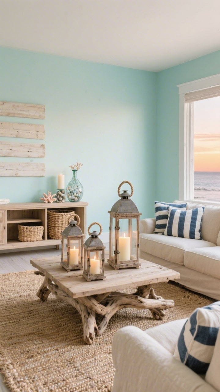 Wide room shot of a coastal living room in a soft sea-glass palette: pale aqua walls, sandy linen sofas with navy-and-white striped throw pillows, chunky jute rug, driftwood coffee table centered with a trio of weathered wood lanterns in staggered heights holding creamy pillar candles; woven baskets, bleached oak media console with a rope-handled lantern, seeded glass vases with pebbles and coral accents; warm sunset candlelight, breezy coastal calm, photorealistic, straight-on view.