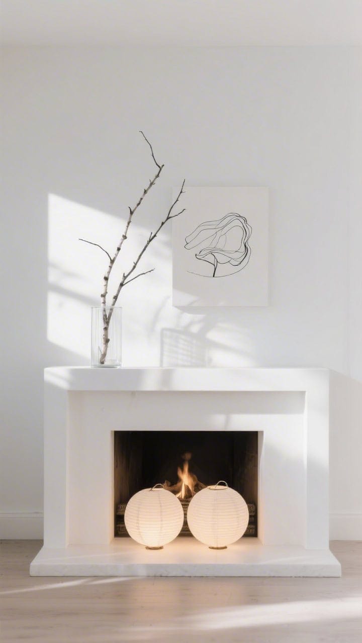 Wide Scandinavian light scene: white mantle with a slender birch branch in a clear cylinder vase; two paper lantern orbs on the hearth providing soft ambient glow; above, a single black-and-white line drawing for contrast; bright, airy natural light, minimalist composition; photorealistic.
