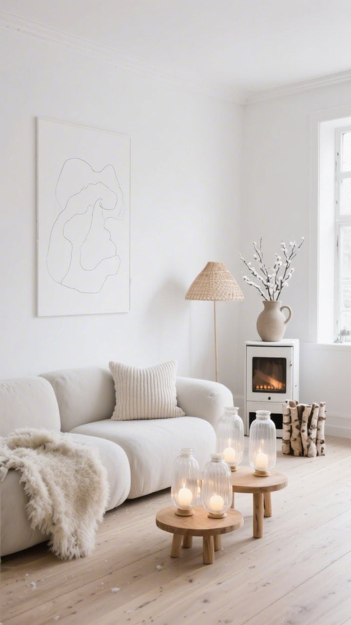 Wide Scandinavian living room bathed in soft daylight: chalk-white walls, pale ash wood floor, cloud-like modular sofa; grouping of frosted glass lanterns with wooden bases on nesting tables emitting diffused snowlight; sheepskin throw, ribbed knit pillows; minimalist stove with birch log holder; one oversized line drawing on wall, ceramic pitcher with winter branches, woven paper lamp in corner; palette of white, oat, pale gray; serene, photorealistic.