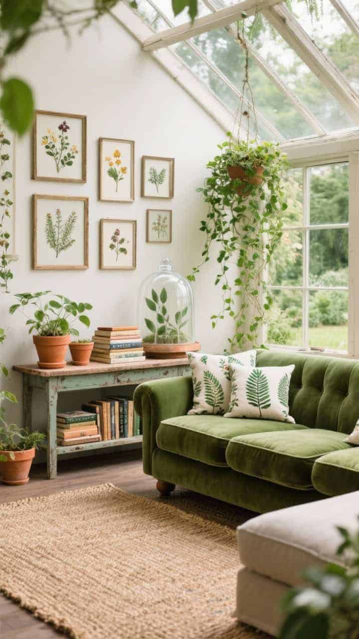 Wide shot: Botanical cottage conservatory living area with a sage green velvet sofa layered with botanical-print pillows in fern and eucalyptus motifs, a vintage potting bench used as a console displaying terracotta pots, stacked gardening books, and a glass cloche with trailing ivy, a natural sisal rug underfoot, pressed flower frames on the wall, bright natural garden light, photorealistic.