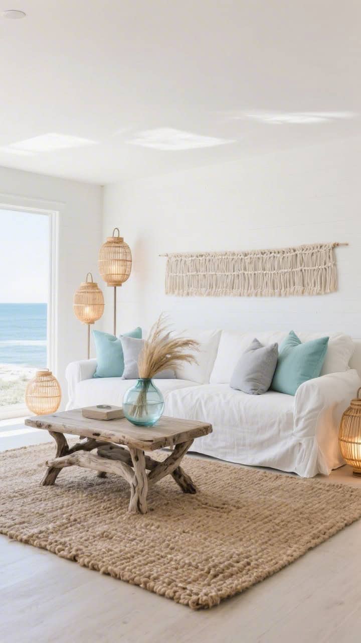 Wide shot, Coastal Linen Retreat: a bright living room with a creamy white slipcovered linen sofa layered with oversized pillows in sea-glass blues and soft foggy greys; centered driftwood-style coffee table over a chunky jute rug; a corner trio of rattan lanterns glowing softly; a long, narrow woven wall hanging behind the sofa; color palette of white, sand, sea-glass blue, soft grey; a big glass vase with beach grass on the coffee table; airy natural daylight, ocean-breeze mood, photorealistic.