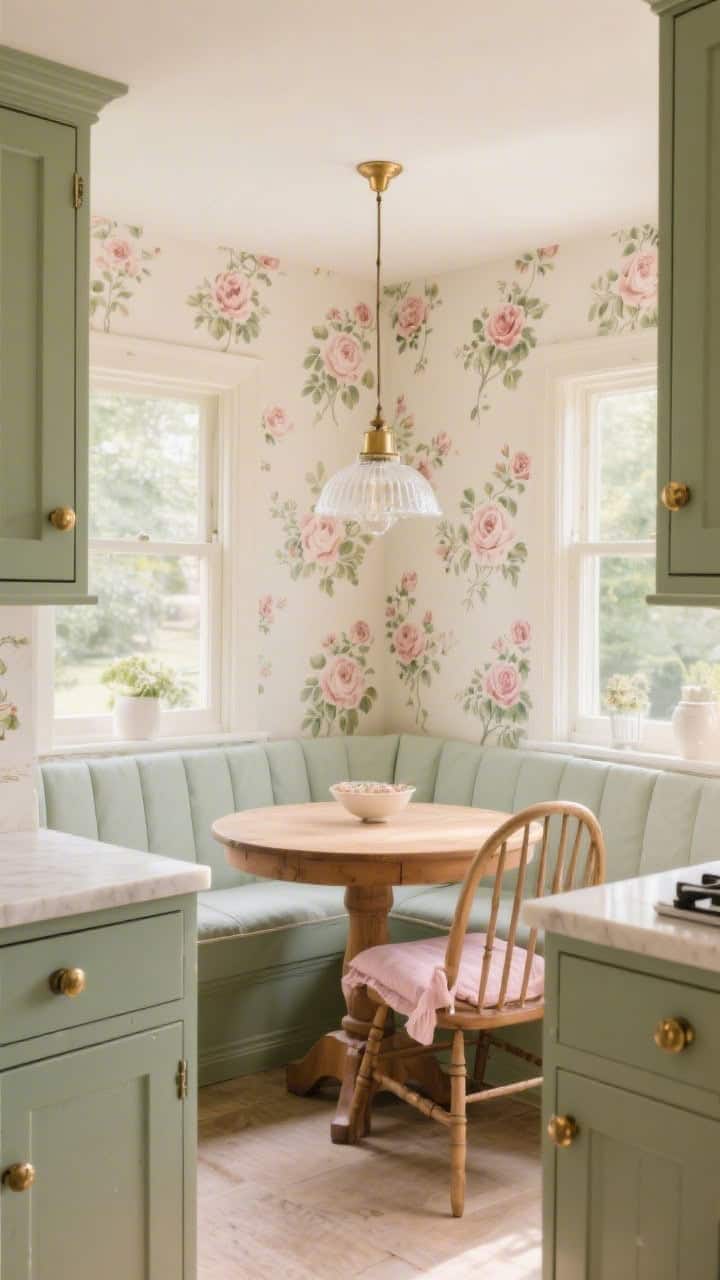 Wide shot, early-morning natural light: a calm country cottage kitchen with soft sage cabinets, brushed brass knobs, and creamy quartz counters. A cozy breakfast nook wrapped in delicate briar rose floral wallpaper features a petite round oak table with spindle-back chairs, blush linen seat cushions, and a vintage milk-glass pendant overhead. Palette of sage, blush, cream, warm brass; airy, gentle vibe; no people; photorealistic.