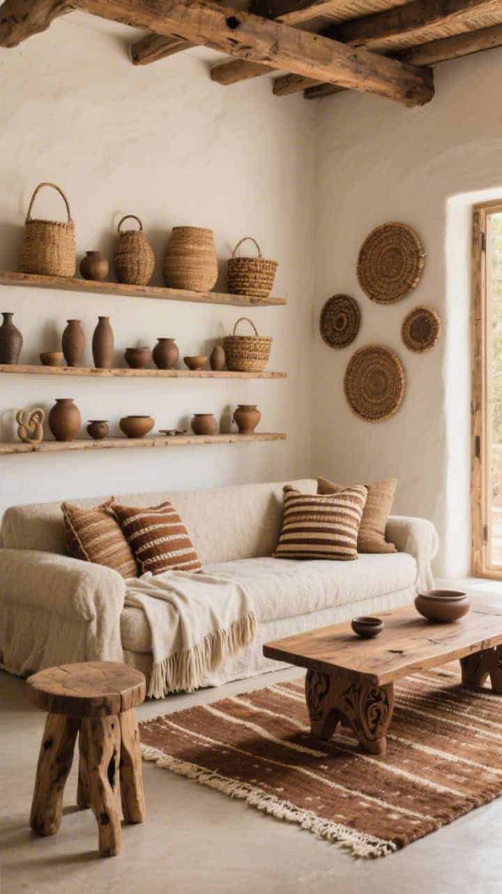 Wide shot, Earthy Artisan: neutral boucle or linen sofa layered with handwoven pillows in earthy stripes and a fringed cotton throw; carved mango wood coffee table; warm brown and cream flatweave rug; a wall gallery of woven baskets; open shelves displaying artisan ceramics; rough-hewn wood stool serving as a side table; palette of cocoa, cream, sand, umber; warm, natural daylight, photorealistic.