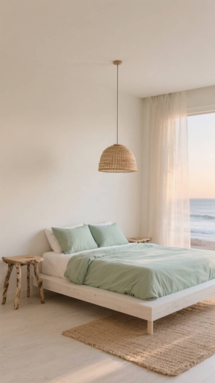 Wide shot, minimalist coastal bedroom at dawn: soft sand beige walls, seafoam green linens on a low-profile white oak platform bed, thin-framed driftwood nightstands with a single woven pendant overhead, pale jute rug, gauzy sheer curtains glowing with morning light, clean lines and negative space, photorealistic.
