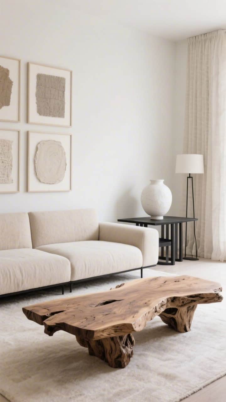 Wide shot, Modern Organic: a low modern sectional in oatmeal performance fabric facing a sculptural live-edge wood coffee table showing raw grain; tight palette of warm whites, taupe, and matte black accents including a sleek black metal console; linen-panel floor lamp to one side; a gallery wall of textured neutral artworks; one oversized chalky white ceramic vessel as a statement on the console; clean lines, balanced natural light, photorealistic.