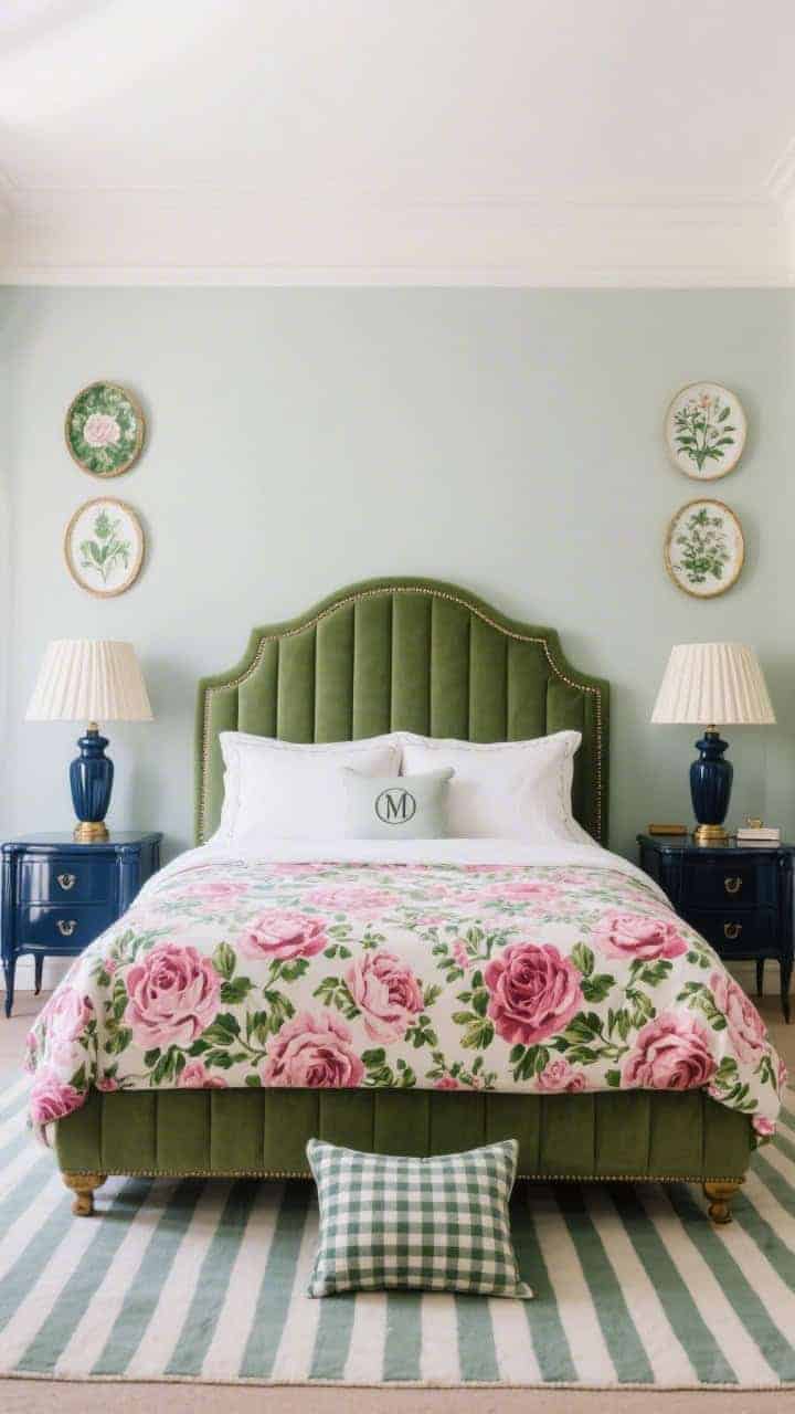 Wide shot of a grandmillennial bedroom: classic chintz rose print in rich pinks and greens on bedding with a tailored bed skirt, upholstered headboard with contrasting piping. Lacquered nightstands, pleated lampshades, monogrammed shams layered with a striped rug and a small gingham accent pillow. Symmetrical arrangement of framed botanical plates above the bed. Colors: rose, hunter green, cream, navy accents. Bright, tidy daylight; photorealistic.