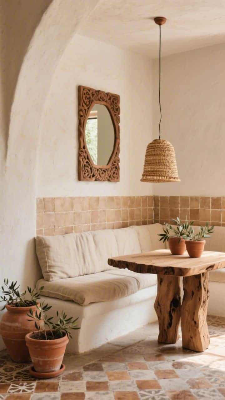 Wide shot of an earthy Mediterranean nook: a stucco-style banquette with a thick oat-linen bench-height cushion, paired with a rustic live-edge wood table on a chunky base. Layer terracotta pots with olive branches, a carved wood mirror on the wall, and a handwoven raffia drum or clay pendant for lighting. Back wall tiled in handmade sand-toned zellige for subtle texture. Palette: clay, olive, bone. Textures: plaster, linen, raw wood. Floor: patterned cement tile or warm oak. Warm, sun-washed ambiance.