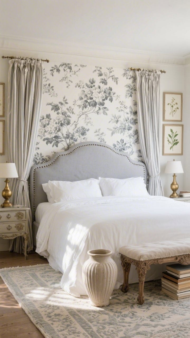 Wide shot of French country elegance: grey toile-style floral over crisp white bedding, curved dove-grey linen headboard with nailhead trim, soft patterned rug, antique brass lamps on nightstands, muted ticking stripe drapery, carved wood bench at the foot; fluted ceramic vase, linen-covered books, framed botanical sketches; warm morning light for genteel charm.