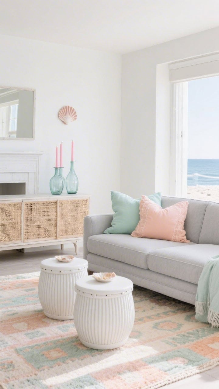 Wide shot, Seaside Pastels: light grey sofa with pillows in mint, blush, and pale apricot; cane-front sideboard opposite; chalky white ceramic drum coffee tables; faded pastel kilim rug tying the colors; ribbed glass vases on the sideboard catching summer light; shell-pink taper candles on a mantle; palette of grey, mint, blush, apricot, white; gentle coastal daylight, photorealistic.