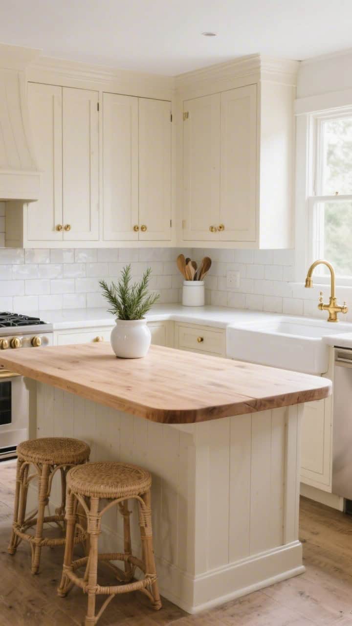 Wide shot, straight-on view of a classic country cottage kitchen featuring soft cream Shaker cabinets, a matte white subway tile backsplash, and warm brass hardware that catches natural morning light. Center a rounded-corner light oak butcher block island with two woven counter stools. Style minimally with a white ceramic utensil crock, a brass bridge faucet at the sink, and a small potted rosemary on the clean white countertops. Photorealistic, bright and airy, subtle reflections on brass.