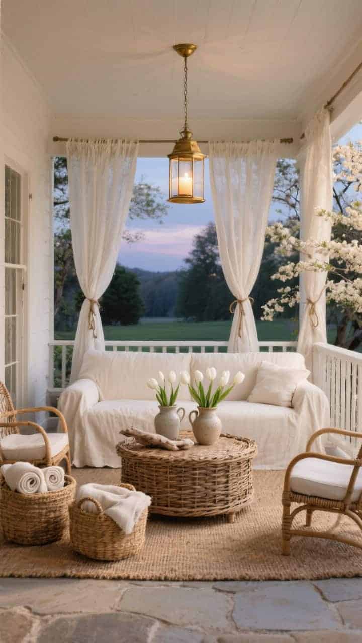 Wide shot, straight-on view of a serene “Creamy Linen + Woven Willow Retreat” spring porch at dusk: a creamy linen slipcovered loveseat with low-profile bentwood chairs around a chunky, sun-kissed woven willow coffee table on a natural jute rug; trio of seagrass baskets filled with rolled throws; gauzy cotton curtains tied back with twine fluttering; ceramic pitchers with white tulips and bleached driftwood accents on the table; antique-look brass lantern pendant overhead casting soft candle-like glow; quiet palette of ivory, oat, and pale stone, photorealistic, no people.