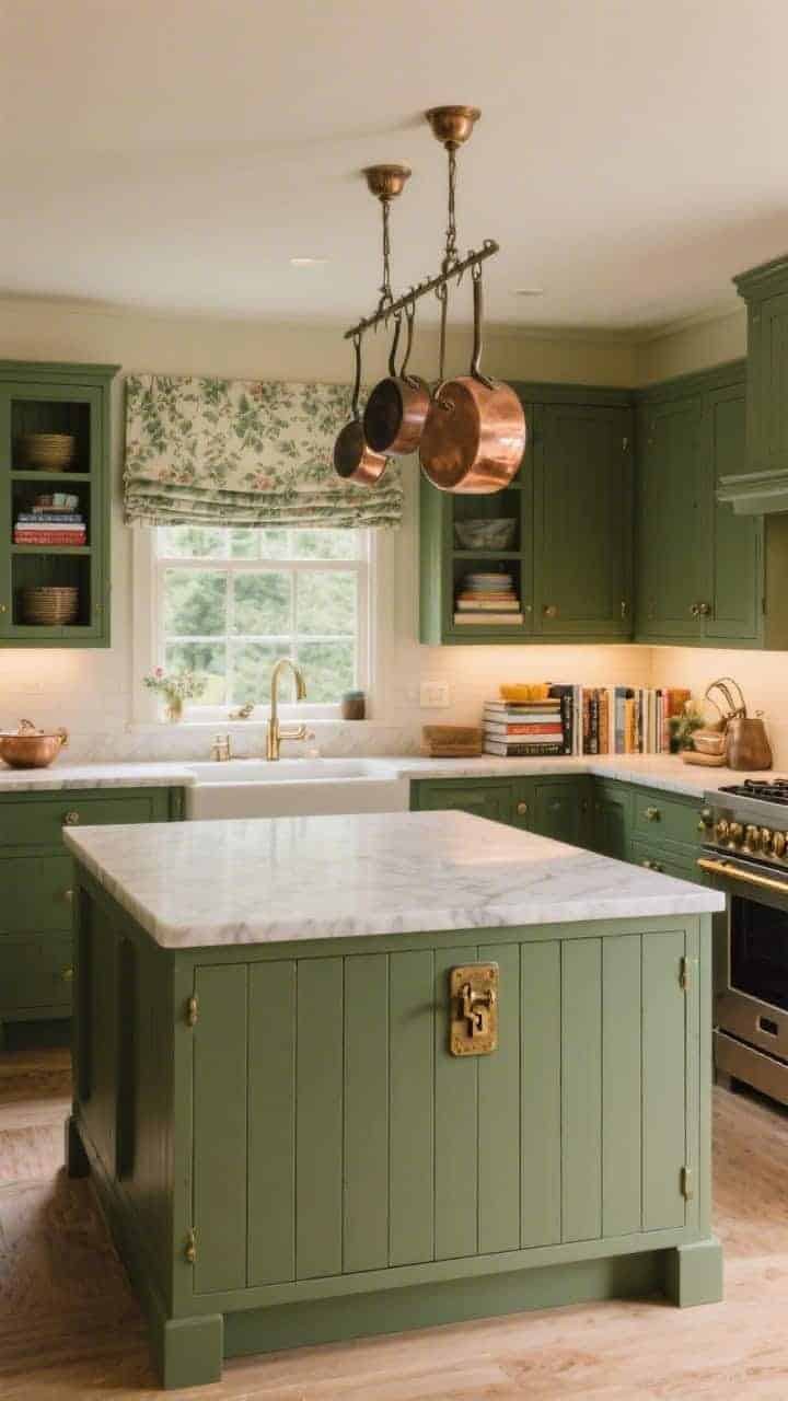 Wide shot, straight-on view of an English-inspired kitchen with deep pantry-green cabinets, creamy quartz-look counters, and an island clad in tongue-and-groove paneling. Aged brass latches gleam softly. Decor includes hanging copper pots, stacked cookbooks, and a muted floral roman shade at the window. Balanced natural and task lighting for a cozy, upscale countryside feel.