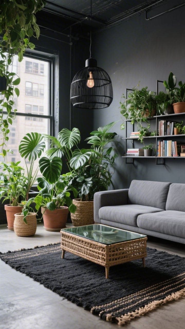 Wide shot, Urban Jungle: slate-grey sofa facing a rattan coffee table with a glass top; black jute rug grounding the space; industrial metal shelving behind with planters and books; lush plant cluster—floor palms, trailing pothos, rubber plant—in terra and seagrass planters at varied heights; black caged pendant lighting overhead; palette of slate, charcoal, leaf green, natural; moody city daylight, photorealistic.