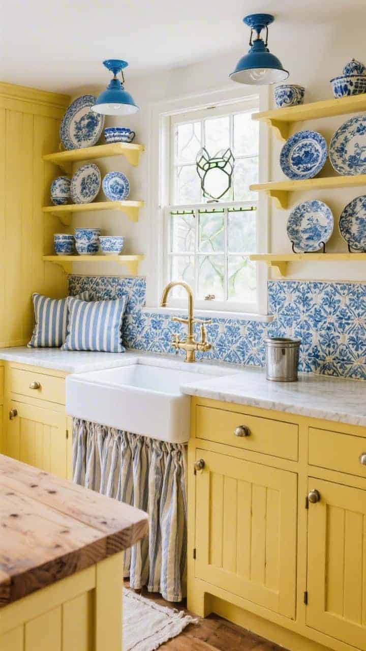 Wide sink-focused shot: Butter yellow cabinets against a glossy Delft-blue patterned tile backsplash; a deep Belfast sink centered under a leaded-glass window; below the sink, a curtain on a brass rod replacing doors; open shelves with mix-and-match blue-and-white china and a plate ledge holding larger platters; simple painted pine island with a white quartz top and brushed nickel bin pulls; blue-enamel barn lights over the sink; ticking stripe cushions and a cotton runner; bright, cheerful daylight.