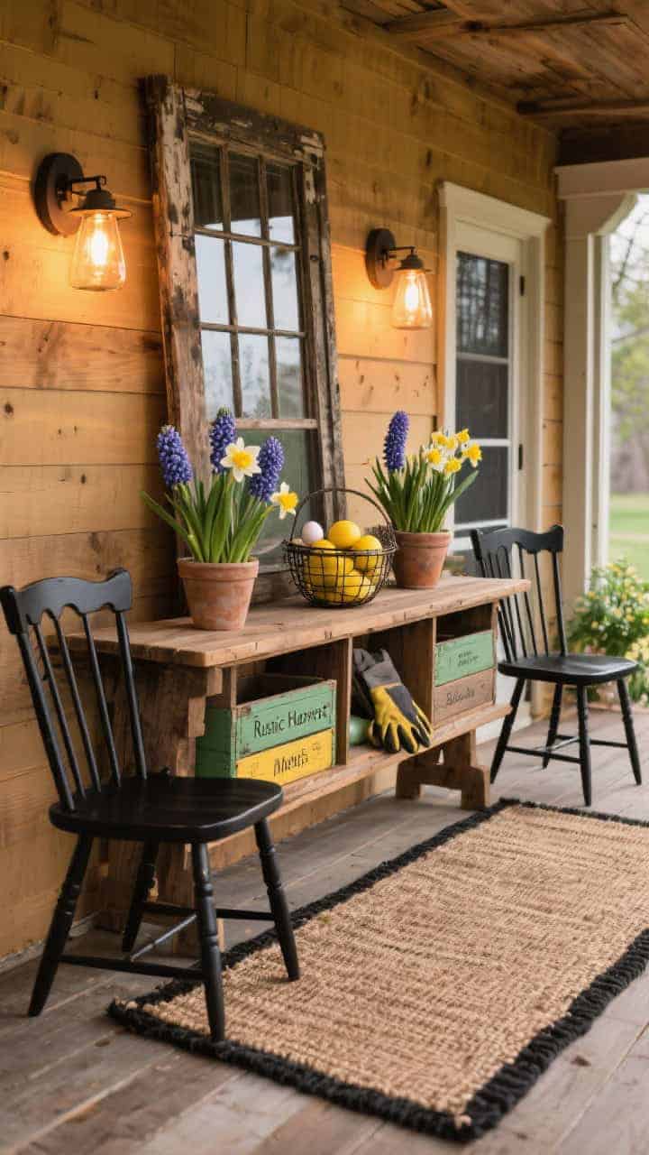 Wide, slightly angled shot of “Rustic Harvest Meets Spring Bloom” porch: substantial reclaimed wood console as the anchor, topped with vintage crates turned sideways as shelves for potted hyacinths and daffodils; wire egg basket holding lemons and garden gloves; pair of black Windsor chairs flanking; flatweave jute rug bordered in black grounding the scene; salvaged window frame leaning against the wall for depth; barn-style sconces with warm bulbs casting evening glow across honey-toned wood; palette of honey wood, soot black, spring green, butter yellow; photorealistic.
