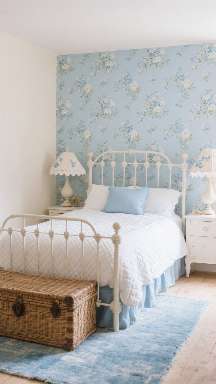 Wide, storybook cottage scene: light blue floral wallpaper on one feature wall; a simple warm white spindle bed; white quilted bedding with powder-blue shams; scalloped lampshades on bedside lamps; a rattan trunk at the foot; a washed blue rug softening the floor; gentle, romantic lighting.