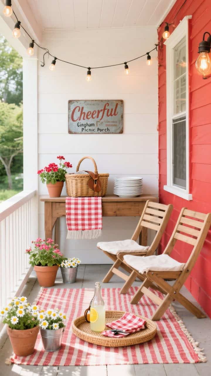Wide, straight-on “Cheerful Gingham Picnic Porch” scene: narrow farm-style console with a gingham runner, woven picnic basket, and stacked white enamel plates; two slatted wood folding chairs with crisp canvas seats; striped outdoor rug in red-and-natural echoing the playful vibe; rattan tray with lemonade and checked napkins, bottle opener on a leather loop; geraniums in clay pots and chamomile in mini buckets arranged around; bare-bulb café lights strung overhead and a vintage-style tin sign on the wall; bright, joyful daylight; palette of cherry red, natural wood, and bright white; photorealistic, no people.