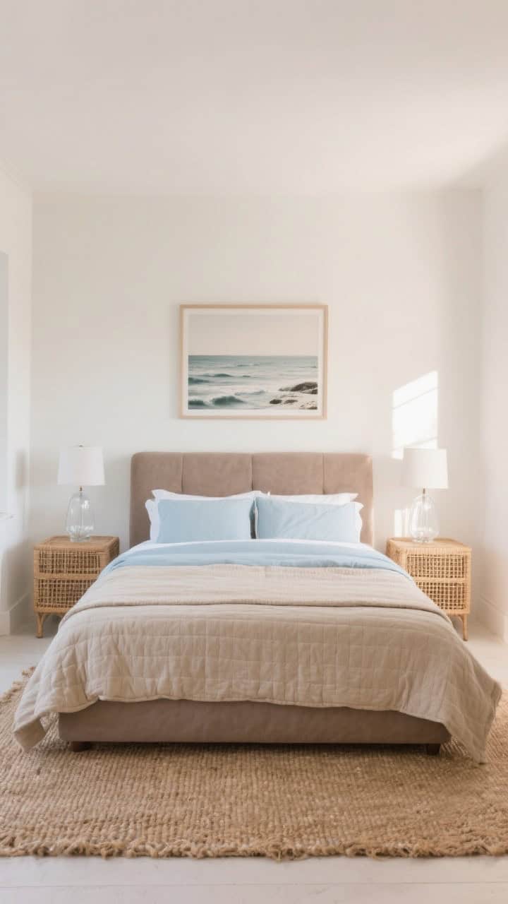 Wide, straight-on shot of a serene coastal bedroom with warm white walls and a taupe linen upholstered bed centered; sand-colored quilt layered over pale blue sheets; a chunky jute rug under the bed; matching rattan nightstands with clear glass lamps; a single oversized coastal photograph in muted tones above the headboard; soft morning natural light, airy and calm.
