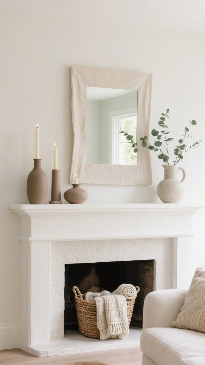 Wide, straight-on view of a creamy white mantle in a serene living room; layered soft taupe pillar and taper candles, matte ceramic vases, and a pale stone pitcher holding slender eucalyptus sprigs; above hangs a simple linen-framed mirror reflecting soft daylight; on the hearth, a woven basket with rolled knit throws; neutral palette of cream, taupe, pale green; gentle, organic mood, calm Sunday-morning light; photorealistic.