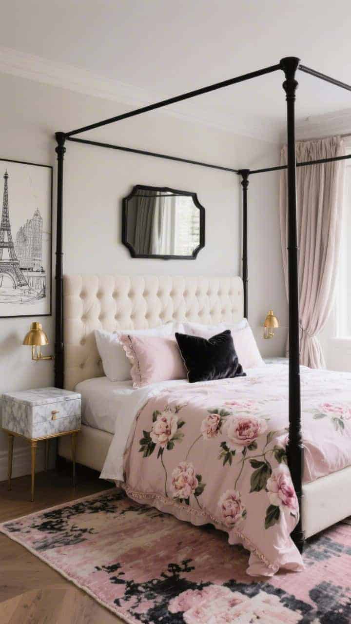 Wide, straight-on view of a Parisian-inspired bedroom: a tufted cream headboard with a soft blush floral duvet featuring delicate peonies, velvet throw pillow, linen euro shams, and silk-trimmed curtains. Slim matte black metal canopy frame, black-and-white line art, a matte black mirror, petite marble-top nightstands with brass sconces. Vintage-style rug with faded pinks and charcoal undertones. Color palette: blush, cream, black, gold. Soft morning light for chic, smoky romance; photorealistic.