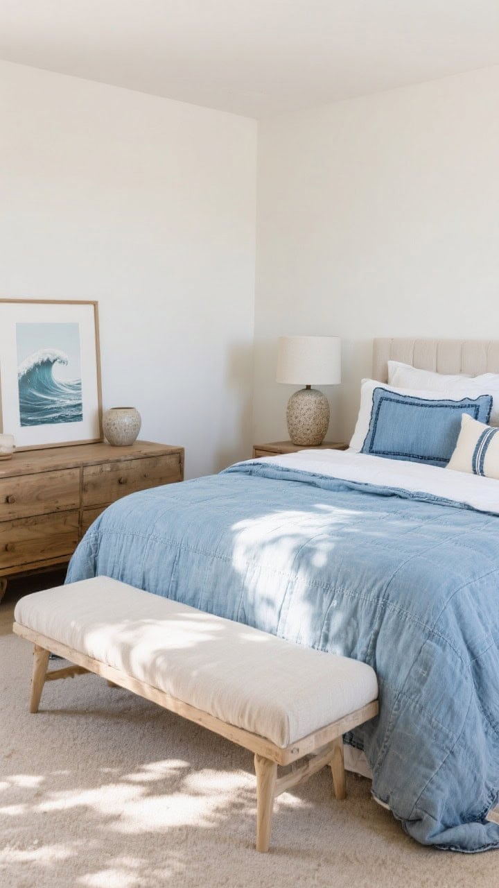 Wide sun-bleached denim bedroom: washed chambray sheets, pale indigo quilt, pillows with denim piping mixed with cream accents; slipcovered bench at the foot, bleached oak nightstands, ceramic lamps with raw textured bases; framed surf print leaning on the dresser; relaxed afternoon light, casual-cool atmosphere.