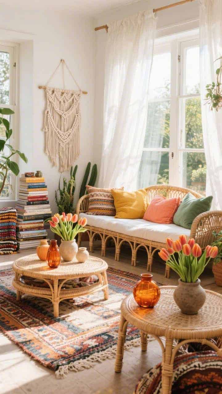 Wide sunlit shot, Boho Sunroom: rattan daybed layered with mustard, sage, and coral pillows; handwoven kilim rug and nesting cane tables; sheer white curtains diffusing bright daylight; across the tables, clusters of tulips in terracotta, amber glass, and hand-thrown stoneware vessels; plants, global textiles, travel books stacked, macrame wall piece adding soft movement; relaxed, layered textures, nomadic feel.