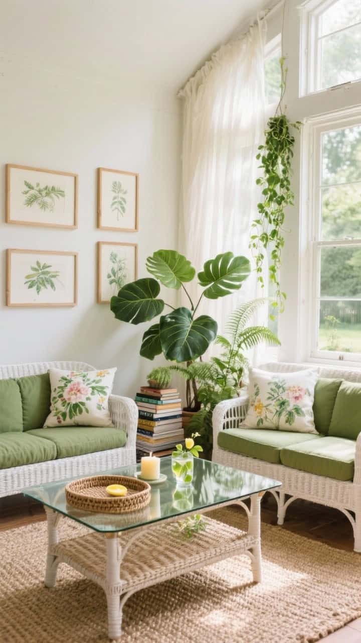 Wide sunroom sanctuary, airy afternoon light: white wicker seating set with moss-green cushions and painterly floral throw pillows; glass-top rattan coffee table over a sisal rug; plants grouped—fiddle leaf fig, maidenhair fern, and trailing pothos—layered around windows; sheer voile curtains moving slightly; botanical prints in thin wood frames on the wall; stacked garden books and a woven tray with lemon-mint water and a small clean-floral candle on the table. Photorealistic, botanical and romantic, corner perspective.