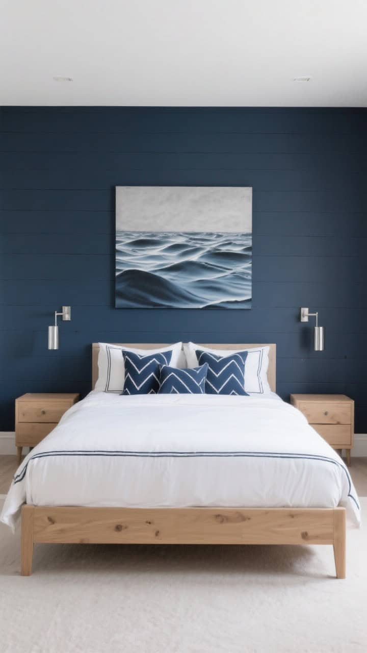 Wide, symmetrical shot of a modern nautical bedroom with a deep navy accent wall behind a light oak bed; cool white duvet with tailored edges; geometric navy pillows replacing traditional motifs; brushed nickel sconces aligned on the accent wall; abstract ocean-form artwork in slate and steel blue; clean lines and balanced composition.