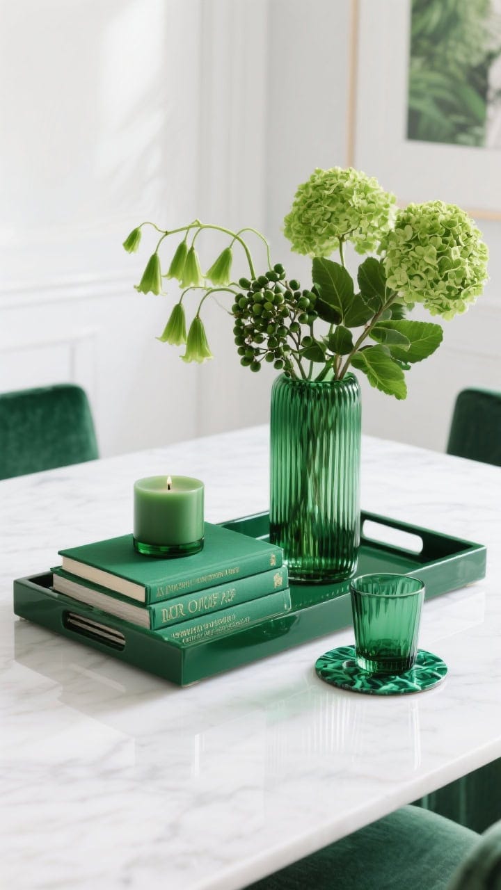 Wide tabletop shot on a glossy white table; a deep green lacquer tray centers emerald and olive botanical books; a ribbed emerald glass vase holds lush green stems—bells of Ireland, viburnum, or green hydrangea; a jade glass candle and malachite-patterned coaster complete the monochrome green scheme; cohesive, sophisticated look with bright, clean daylight.